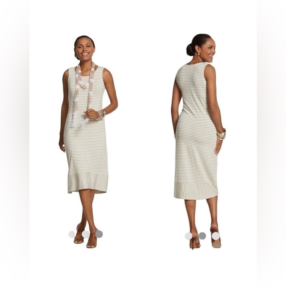 Chico's Striped Slub Lana Jersey Sleeveless Tan White Midi Dress Size M